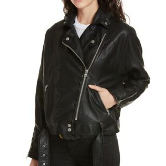Free People Black Drapey *Washable* Vegan Leather Moto Jacket (No Hood) Sz M - Picture 3 of 14